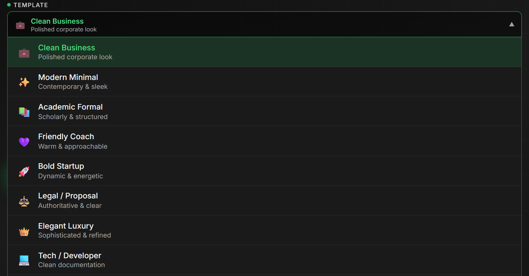 The Type Shifter template dropdown open, showing the currently selected Clean Business template at the top and the list beneath it with Modern Minimal, Academic Formal, Friendly Coach, Bold Startup, Legal / Proposal, Elegant Luxury and Tech / Developer, each with a short description.