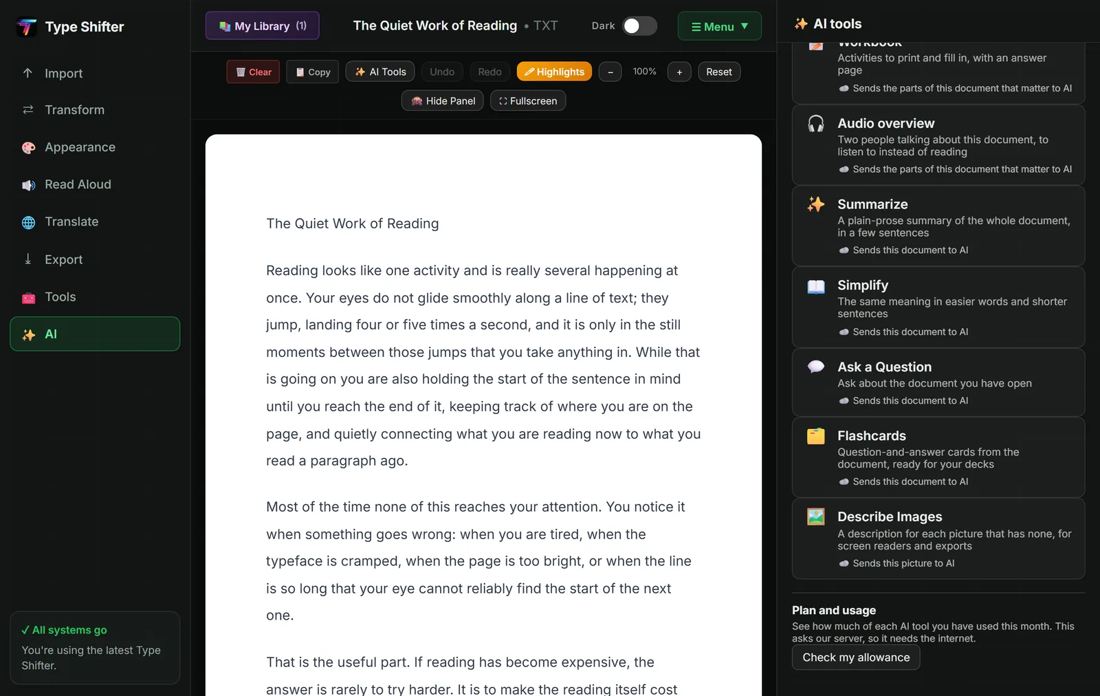 The AI tools panel scrolled to show Audio overview, described as two people talking about this document to listen to instead of reading, alongside Summarize, Simplify, Ask a Question, Flashcards and Describe Images, with a Check my allowance button at the bottom.