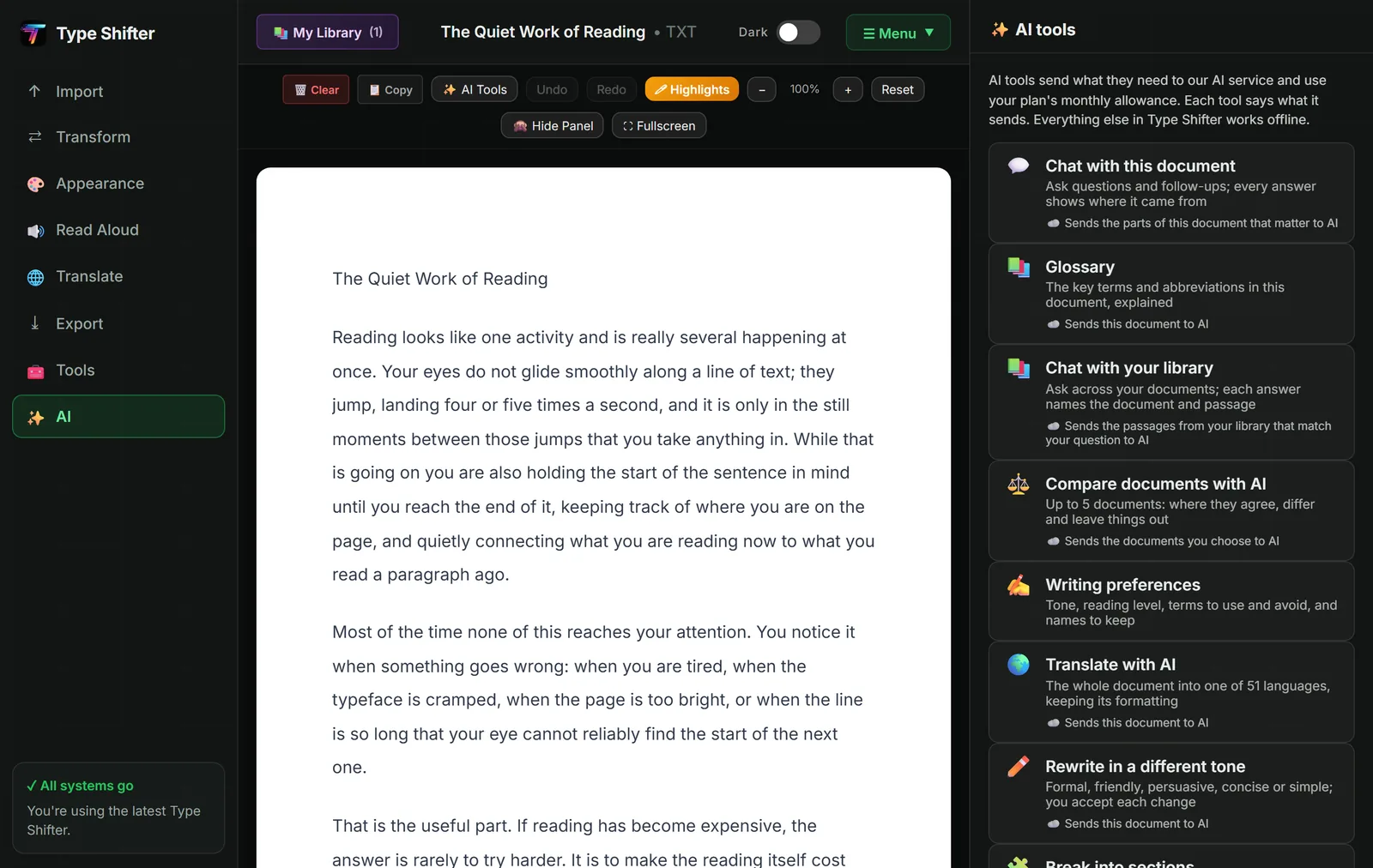 The AI tools panel in Type Shifter, listing Chat with this document, Glossary, Chat with your library, Compare documents with AI, Writing preferences, Translate with AI, Rewrite in a different tone and Break into sections, each with a one-line description and a note saying what it sends to AI.