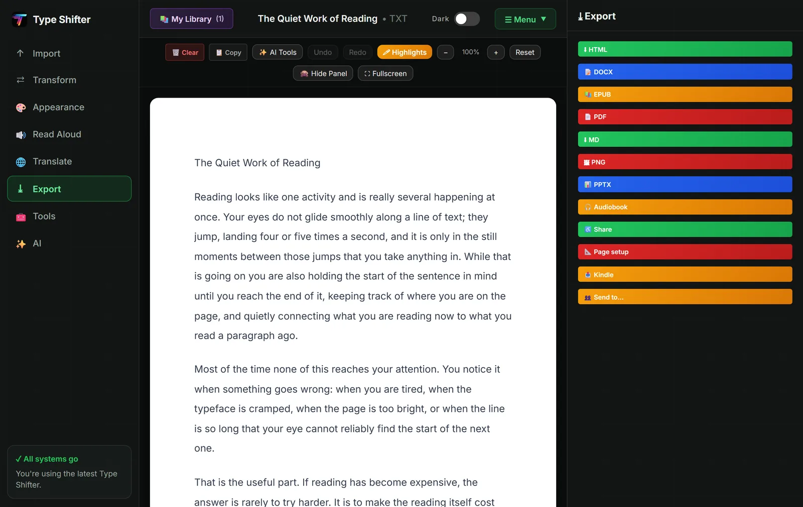 The Export panel in Type Shifter listing export buttons for HTML, DOCX, EPUB, PDF, MD, PNG, PPTX, Audiobook, Share, Page setup, Kindle and Send to.