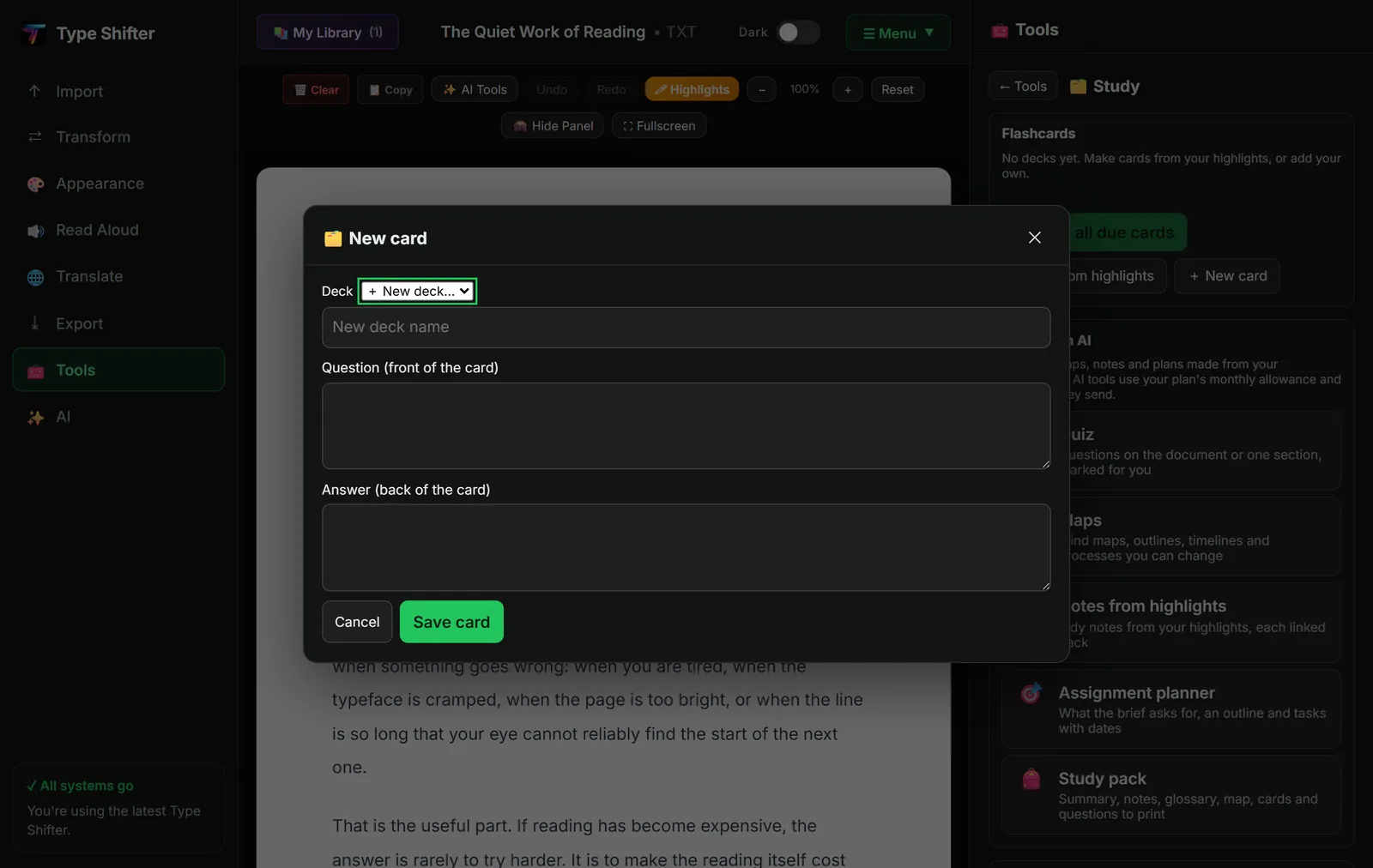 The New card dialog in Type Shifter, with a deck selector set to new deck, a field for the deck name, a large Question field labelled front of the card, an Answer field labelled back of the card, and Cancel and Save card buttons.