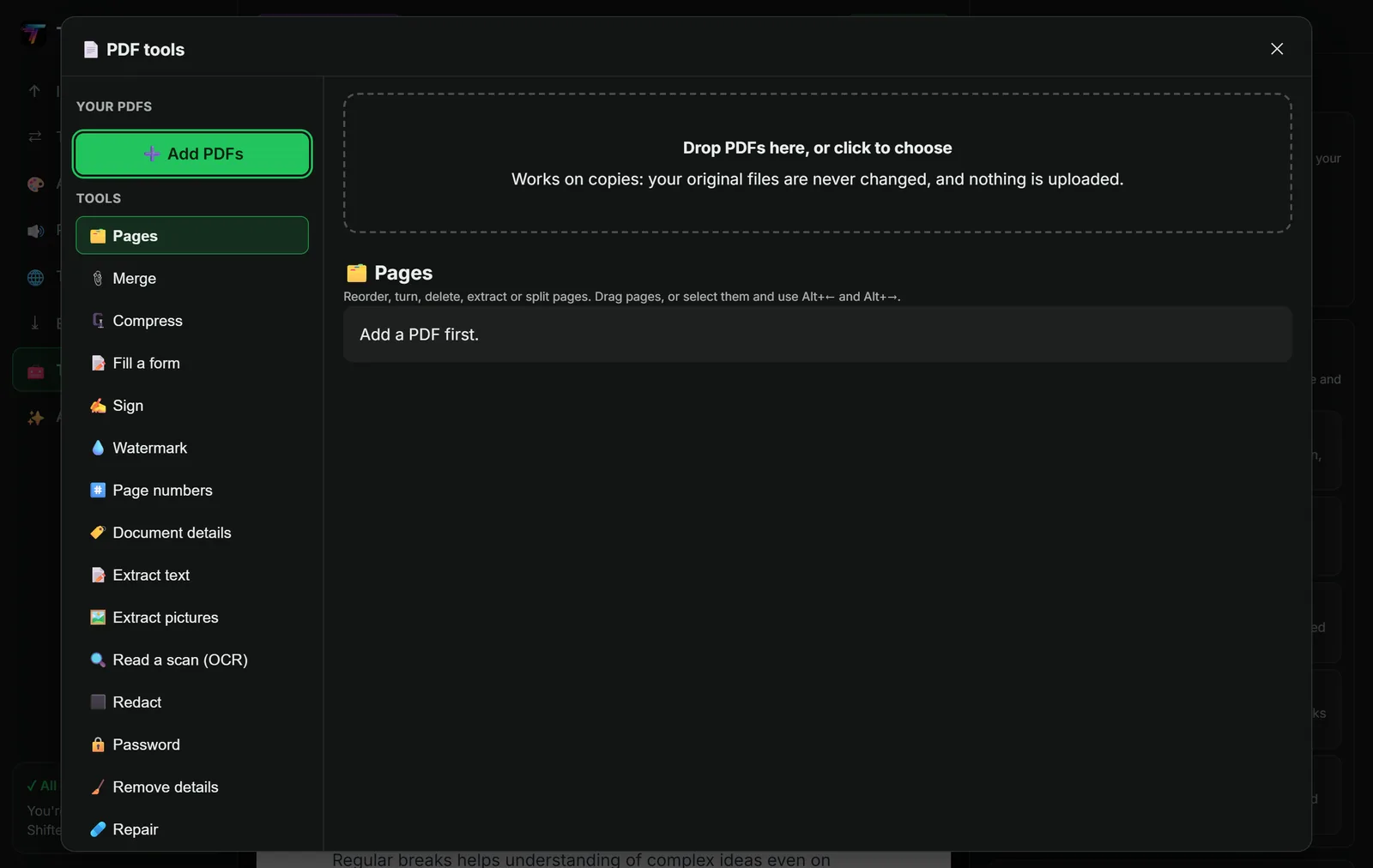The PDF tools workspace in Type Shifter, with a tool list down the left showing Pages, Merge, Compress, Fill a form, Sign, Watermark, Page numbers, Document details, Extract text, Extract pictures, Read a scan OCR, Redact, Password, Remove details and Repair, and a drop area stating that it works on copies, your original files are never changed and nothing is uploaded.
