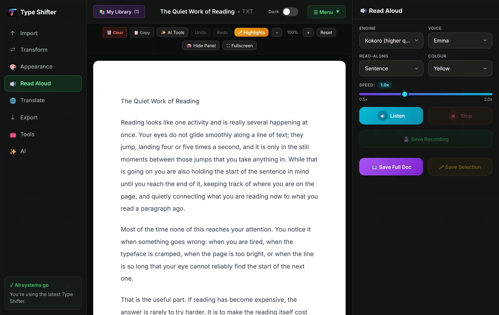 The Read Aloud panel in Type Shifter, with an engine selector set to Kokoro higher quality, a voice selector set to Emma, a read-along setting of Sentence, a yellow highlight colour, a speed slider at 1.0x between 0.5x and 2.0x, Listen and Stop buttons, and buttons to save a recording, save the full document or save a selection.