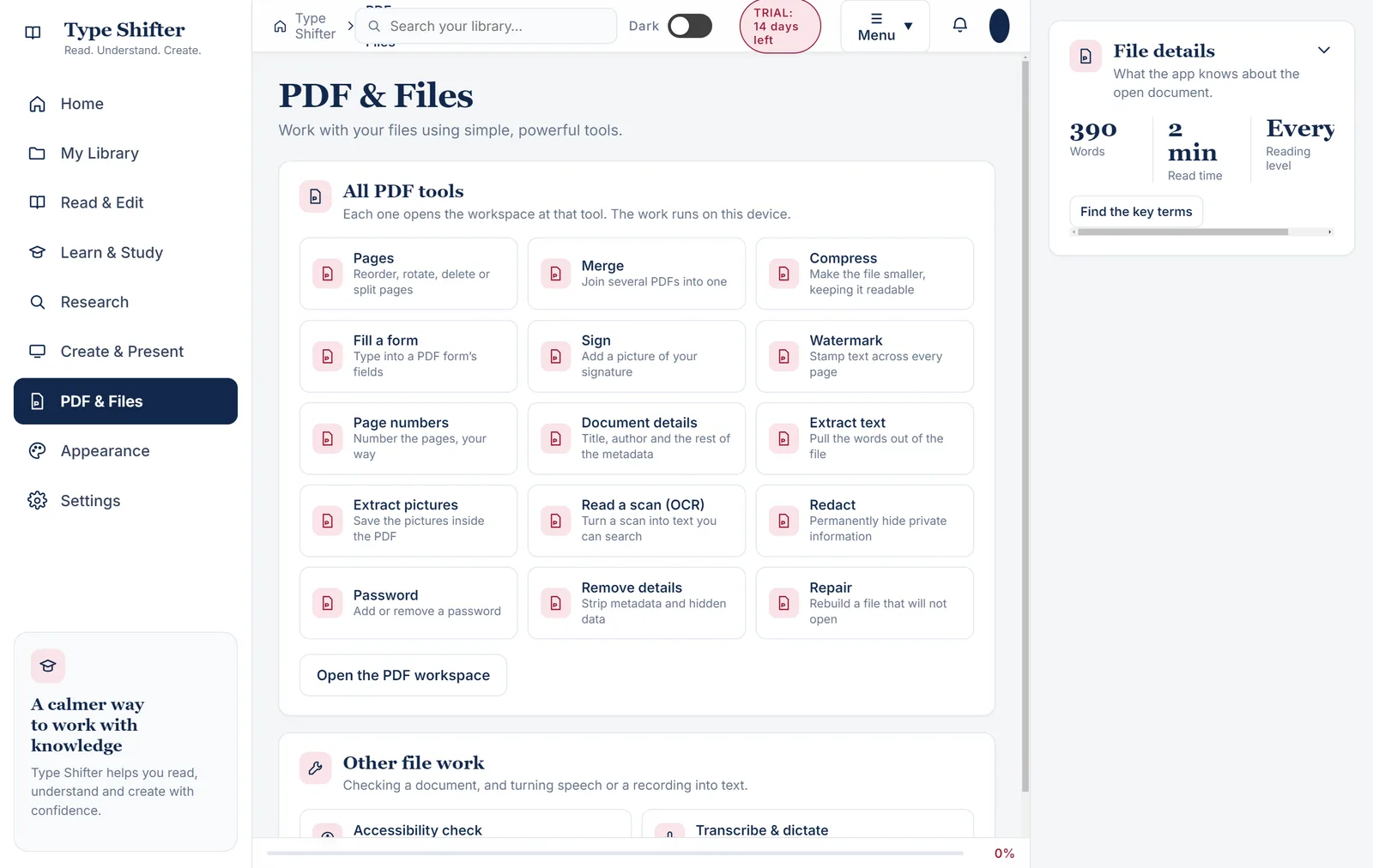 The PDF and Files page in the Type Shifter Studio layout, headed Work with your files using simple, powerful tools. A grid of PDF tools includes Pages, Merge, Compress, Fill a form, Sign, Watermark, Page numbers, Document details, Extract text, Extract pictures, Read a scan (OCR), Redact, Password, Remove details and Repair, with a note that each one opens the workspace at that tool and the work runs on this device.