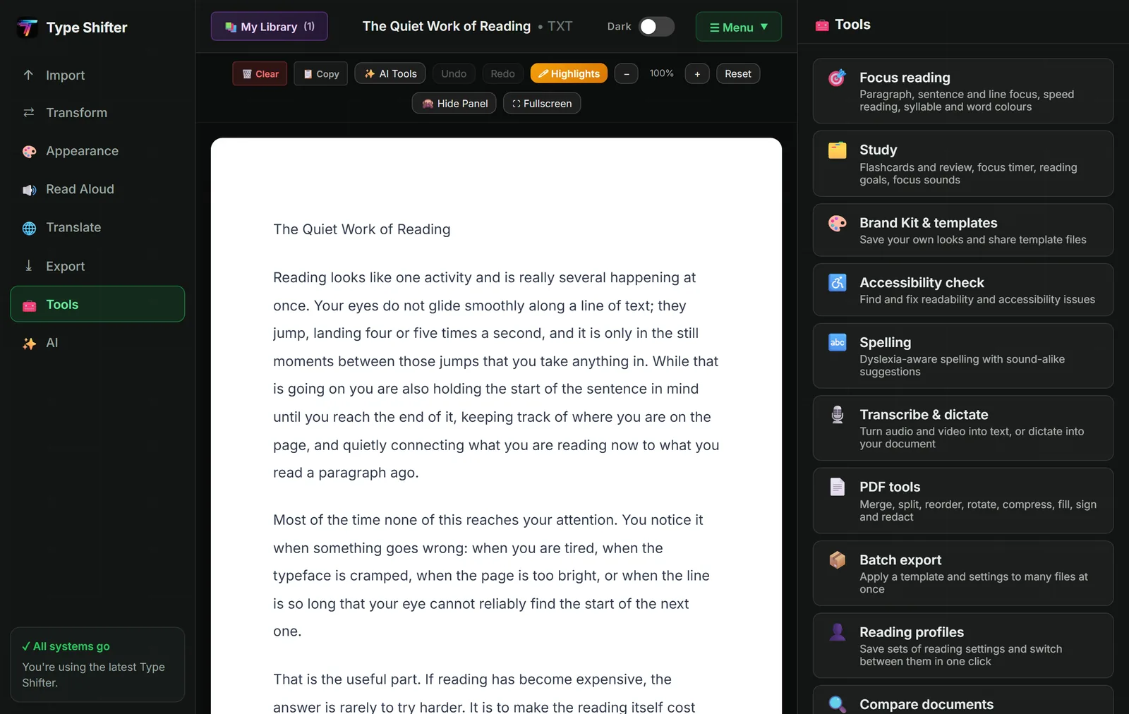The Tools panel in Type Shifter listing Focus reading, Study, Brand Kit and templates, Accessibility check, Spelling, Transcribe and dictate, PDF tools, Batch export, Reading profiles and Compare documents, each with a short description.